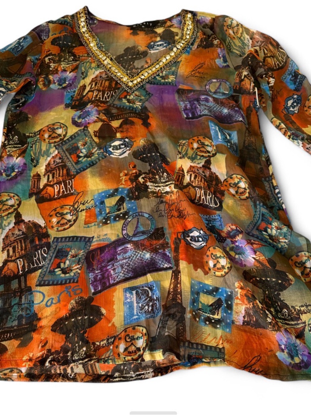 Ninety Multicolor Paris Print Beaded V-Neck Swim Coverup